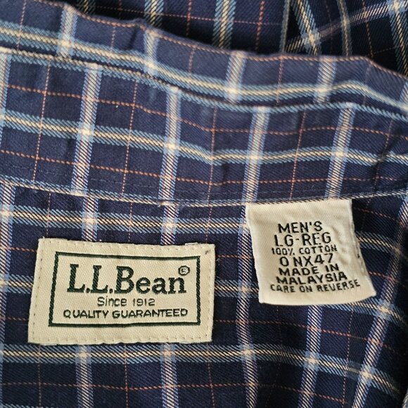 L.L. Bean Mens Navy Blue Plaid Short Sleeve Button-Up Shirt Lg-Reg 100% Cotton - Picture 3 of 8